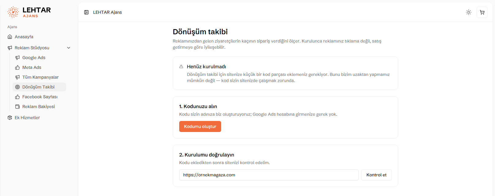 Dönüşüm takibi ekranı: kod oluşturma ve kurulum doğrulama adımları