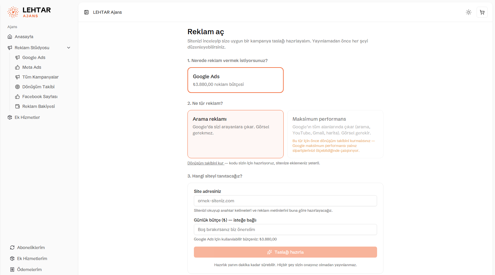 Reklam Stüdyosu: platform, reklam türü ve site adresiyle üç adımda kampanya taslağı