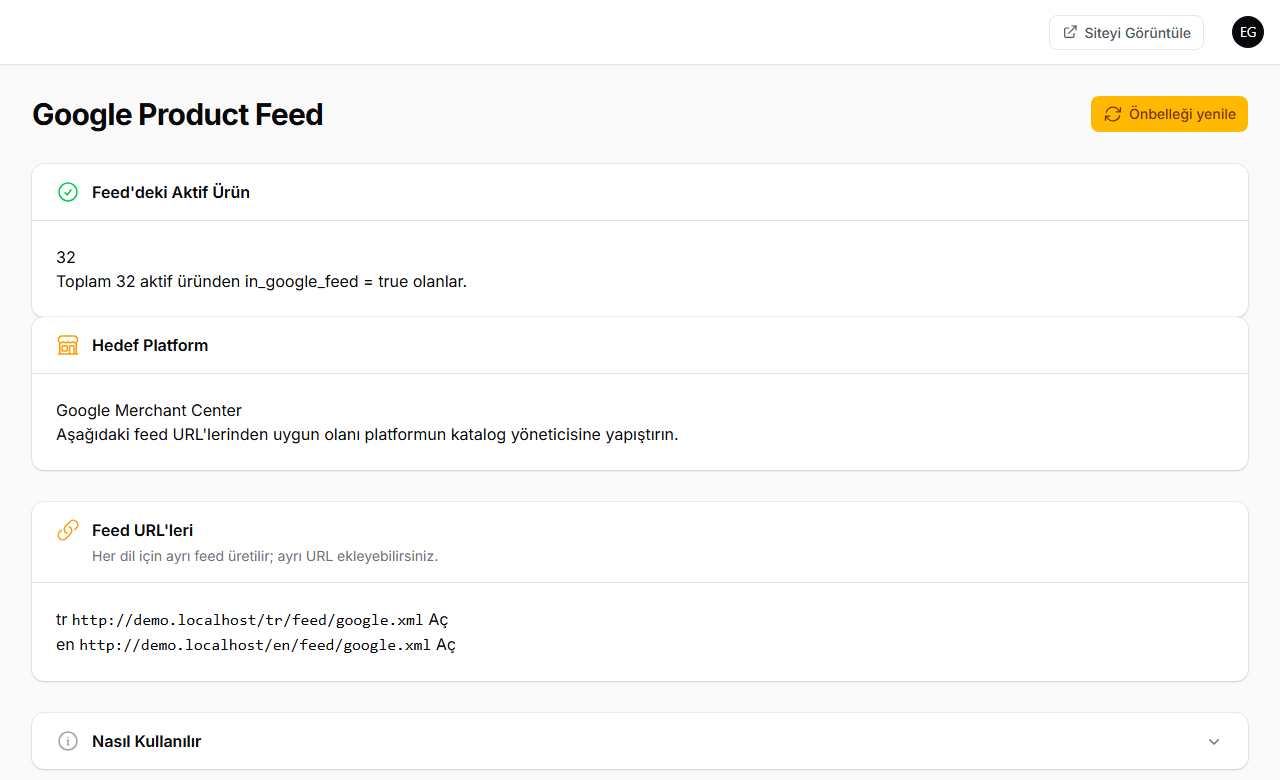 Panelde Google ürün akışı: feed’deki aktif ürün sayısı ve hedef platform
