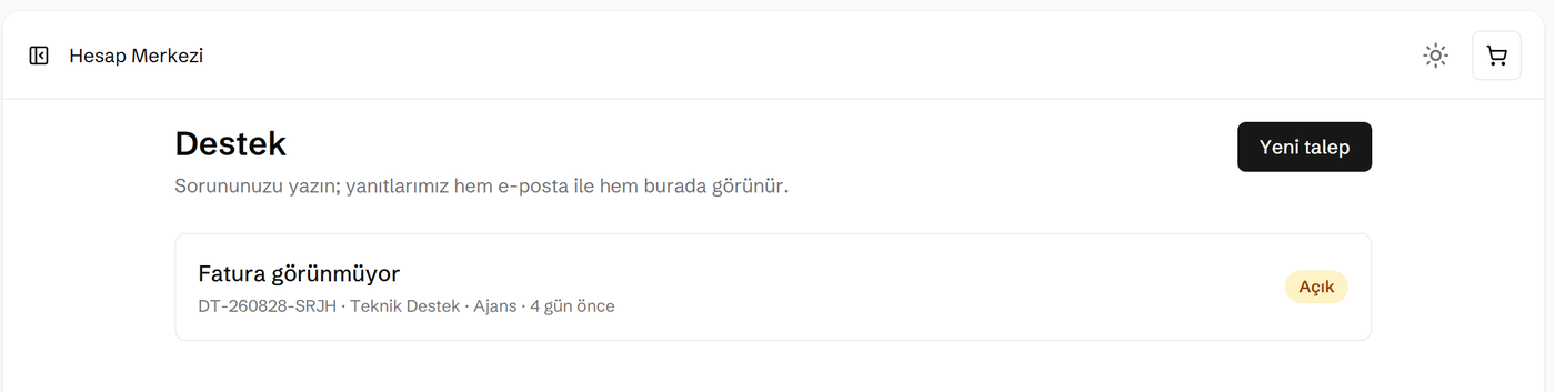 Destek merkezi: açık talep ve yanıt akışı