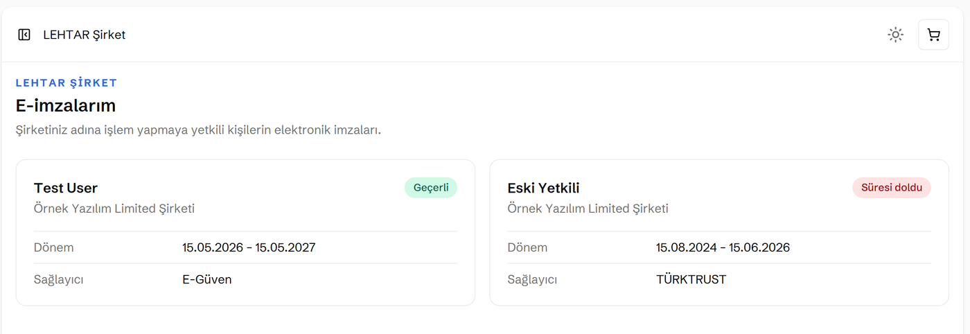 E-imzalarım: e-imza ve mali mühür kayıtları, geçerlilik süreleri